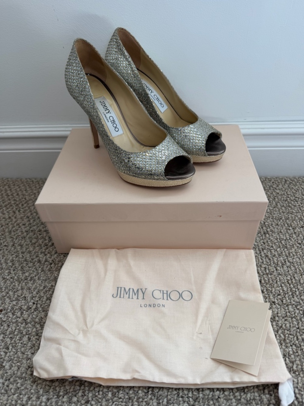 Jimmy Choo Luna Champagne Glitter Peep toe Women’s Shoes Size 35